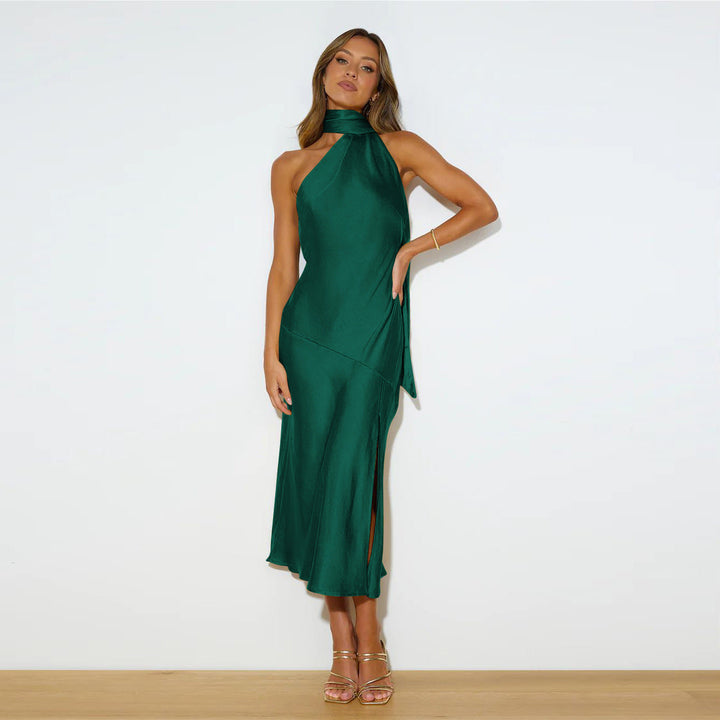 Levoire | Robe élégante en satin pour femmes, drapée, fendue, creuse et fine Vert Fonce