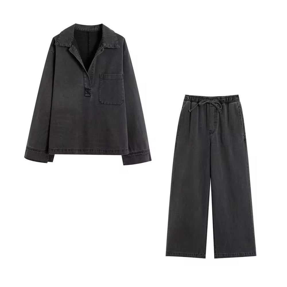 Levoire | Ensemble Deux Pièces En Haut En Denim Décontracté Et Pantalon Noir