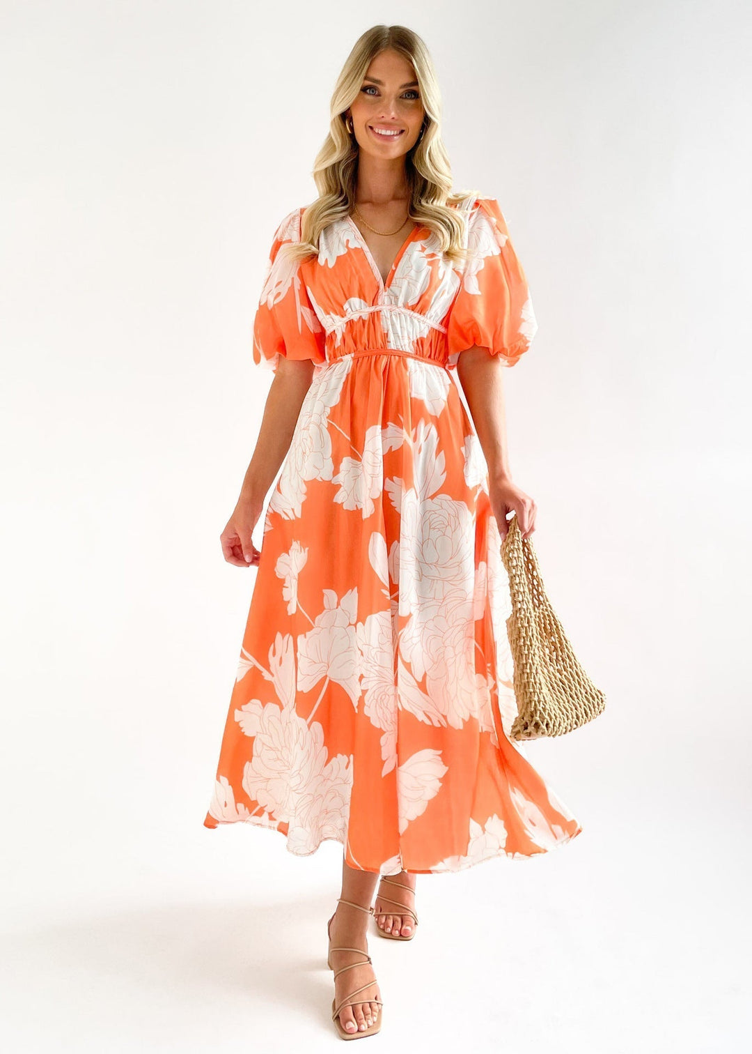 Levoire | Robe Longue Avec Décolleté En V Et Manches Bouffantes Orange