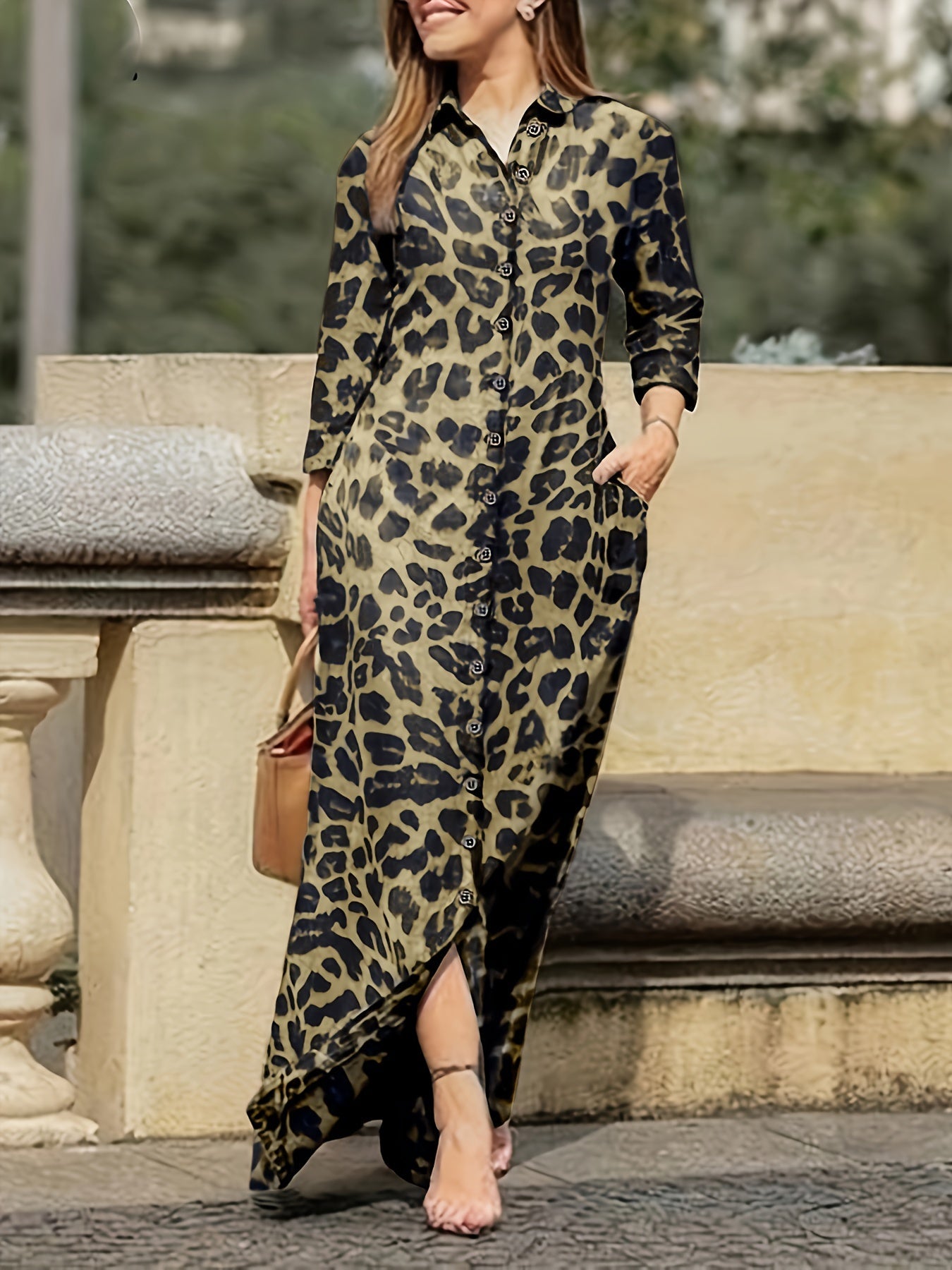 Levoire | Robe Maxi Avec Imprimé Léopard Et Boutons Couleur café