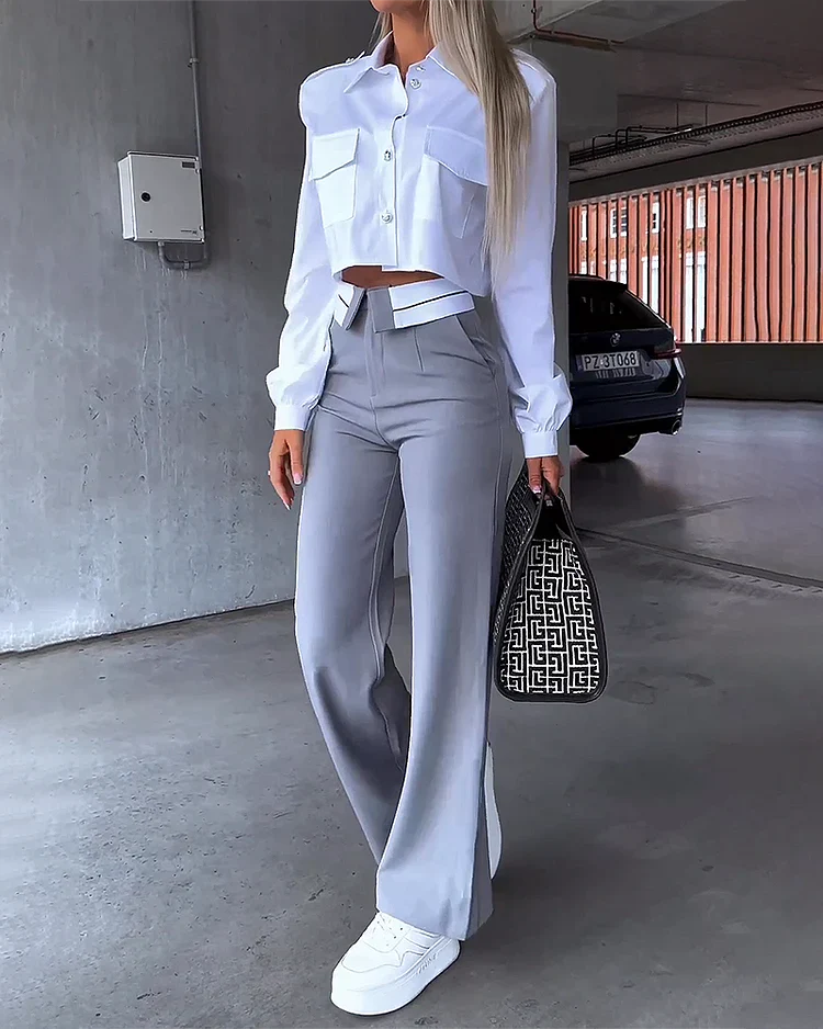 Levoire | Crop Top & Pantalon Largemonté Taille Haute Satz Gris