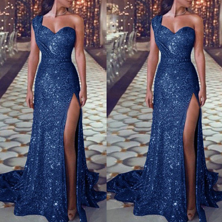 Levoire | Robe sans manches à épaule unique, avec une fente et une jupe longue Bleu