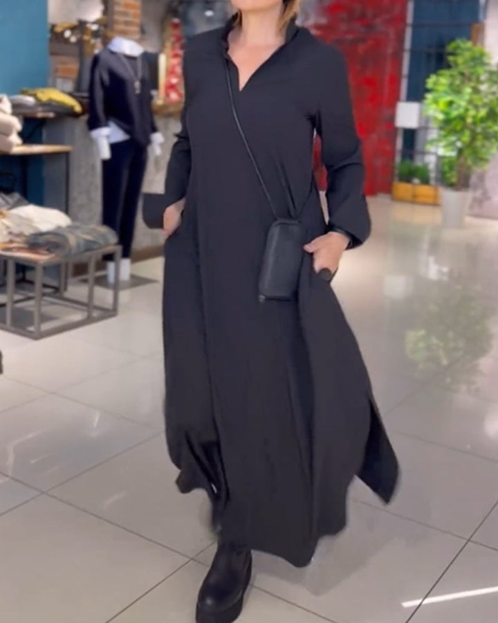 Levoire | Robe Longue Décontractée Revers Fente Latérale Noir (Presque épuisé)
