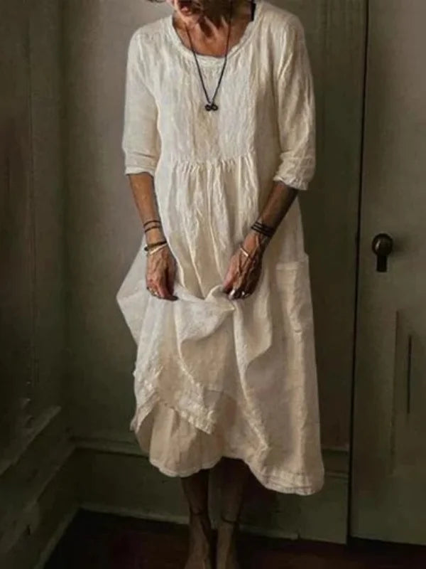 Levoire | Robe à col ras du cou à manches 3/4 en lin mélangé Beige