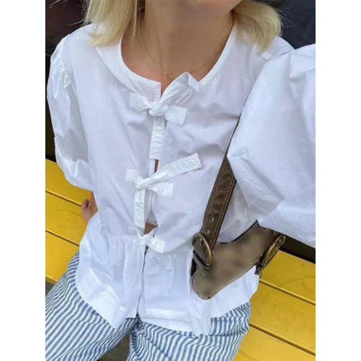Levoire | Femmes Manches bouffantes Col avant Peplum Blanc