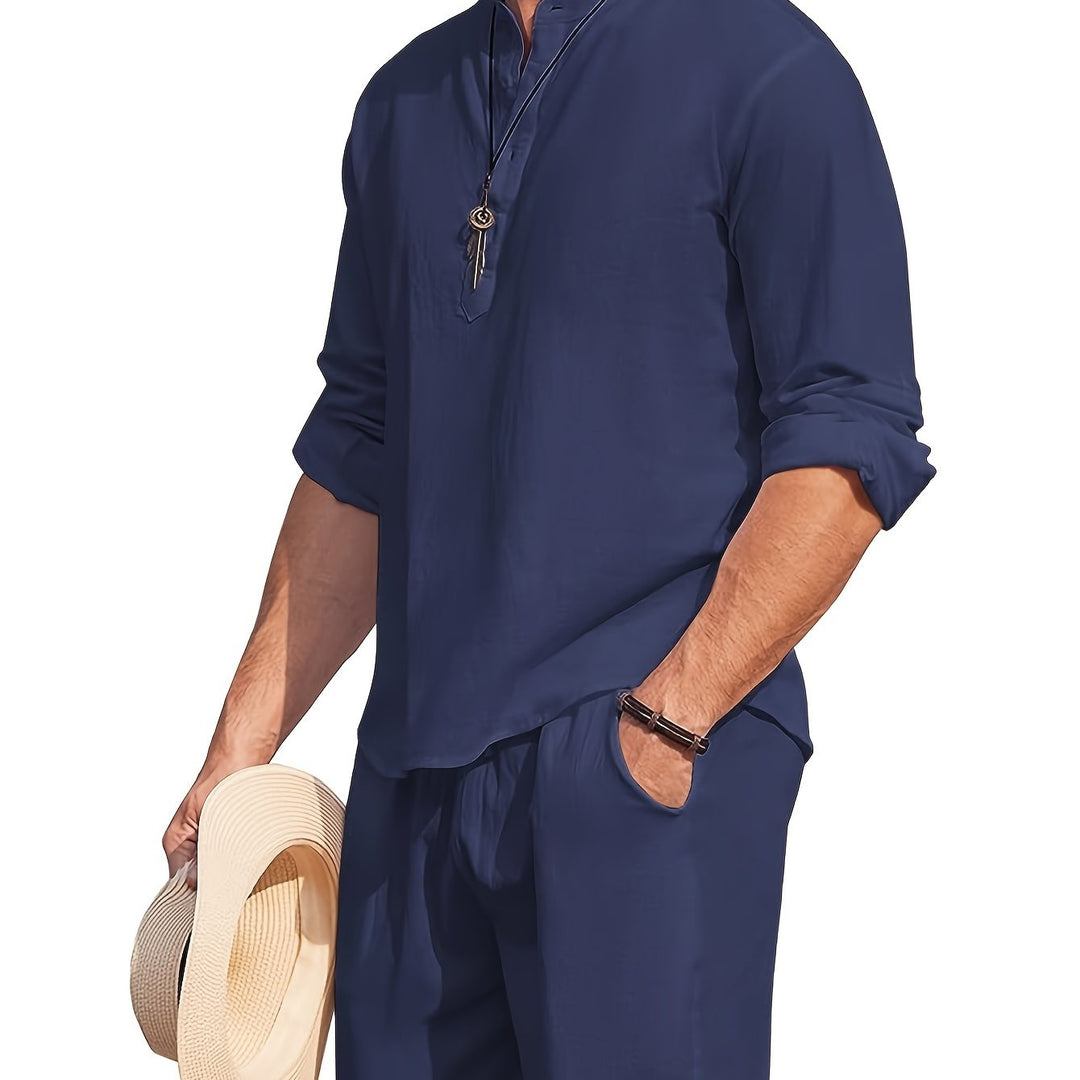 Levoire | T-Shirt Henley Homme Style Rétro À Manches Longues Uni