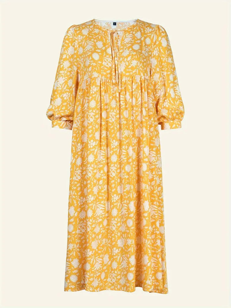 Levoire | Robe Maxi Boho Décontractée Avec Noeuds Décolleté En V Et Manches Courtes Jaune + Blanc lumineux