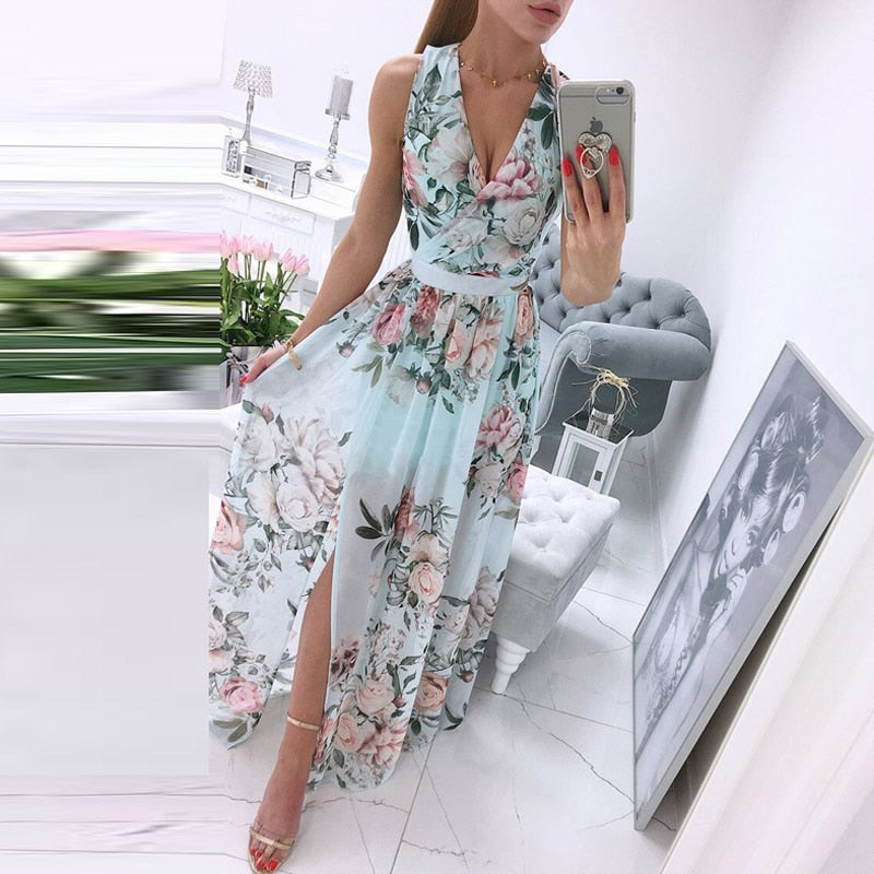 Levoire | Robe de plage sans manches à col en V profond pour femme Chiffon Bleu