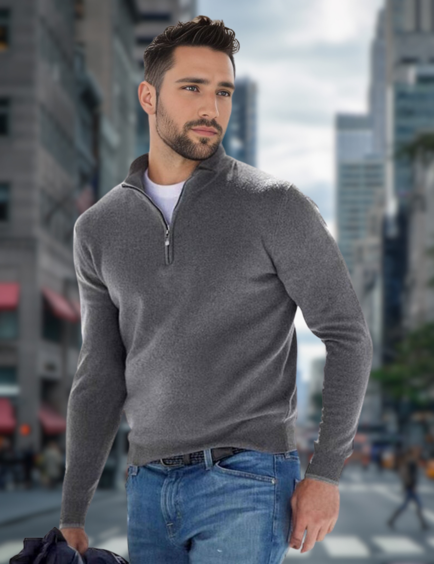 Levoire | Pull À Col En V Premium Avec Fermeture Éclair Pour Hommes Gris