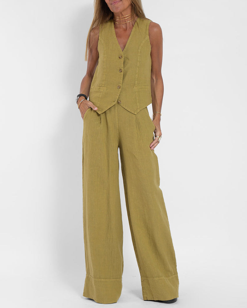 Levoire | Ensemble Élégant De Gilet En Lin Et Pantalon Large Jaune