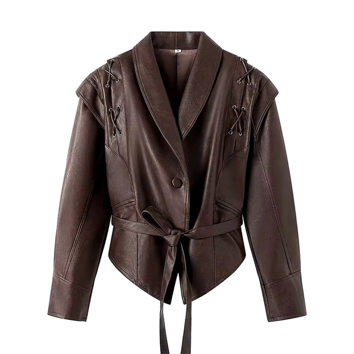 Levoire | Blouson En Cuir Marron Foncé Avec Détails À Lacets Et Ceinture À Nouer Braun