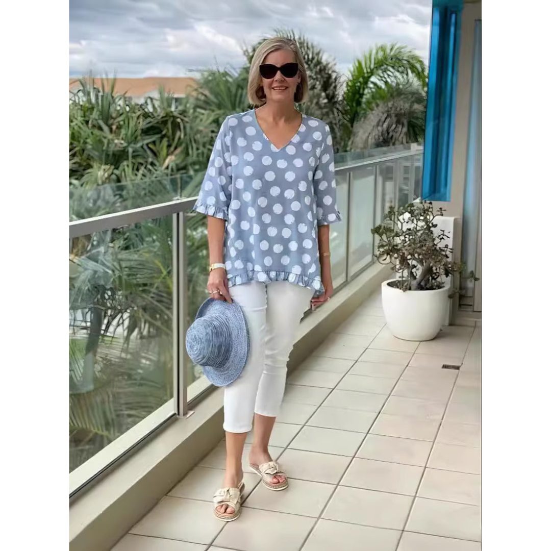 Levoire | Chemisier Élégant À Pois Pour - Femmes - Manches À Volants Bleu Ciel