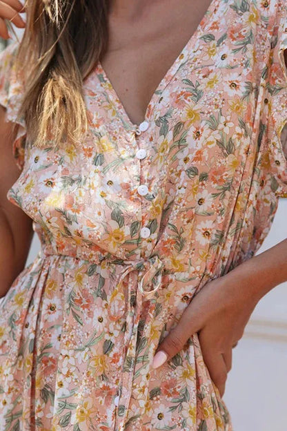 Levoire | Maxi-robe avec volants de boutons et cordon de serrage fleuri