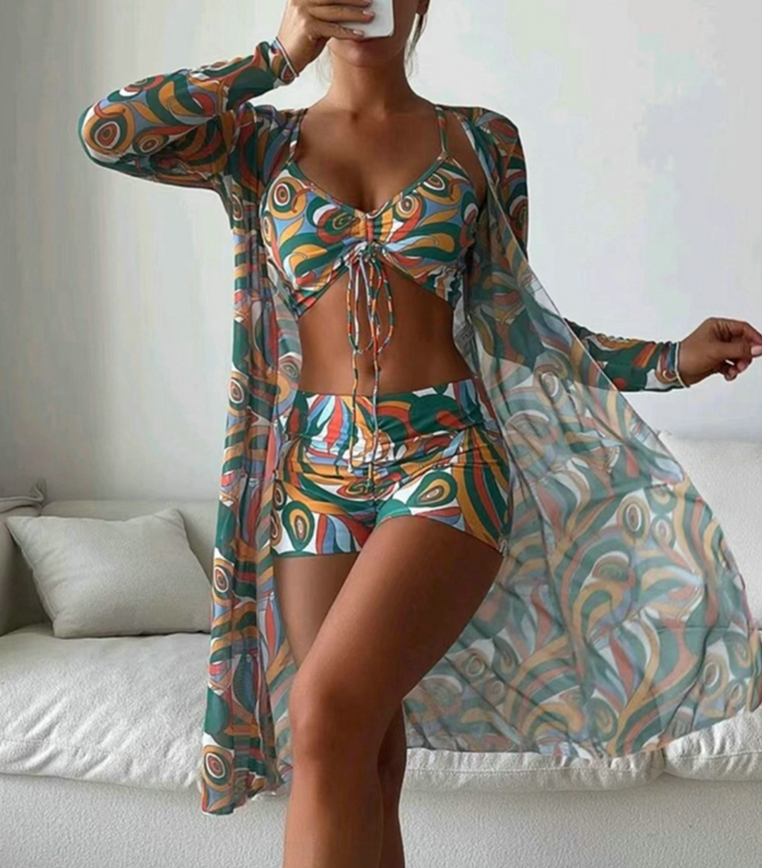 Levoire | Ensemble De Bikini Trois Pièces Avec Cover-Up Transparent Pour Dames Vert foncé