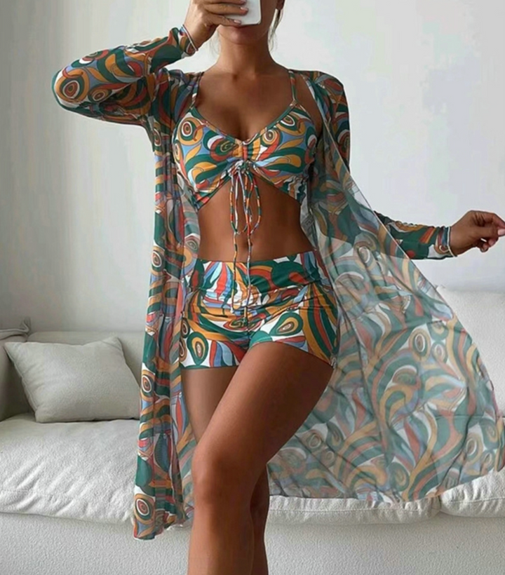 Levoire | Ensemble De Bikini Trois Pièces Avec Cover-Up Transparent Pour Dames Vert foncé