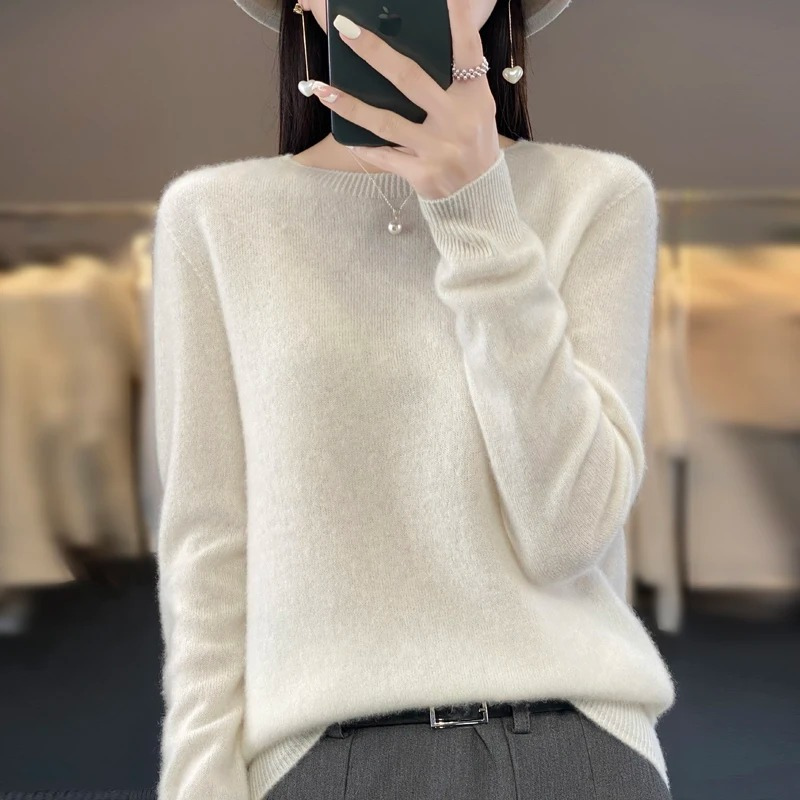 Levoire | Pull en cachemire Femme Élégant Col Rond, Doux & Confortable Blanc