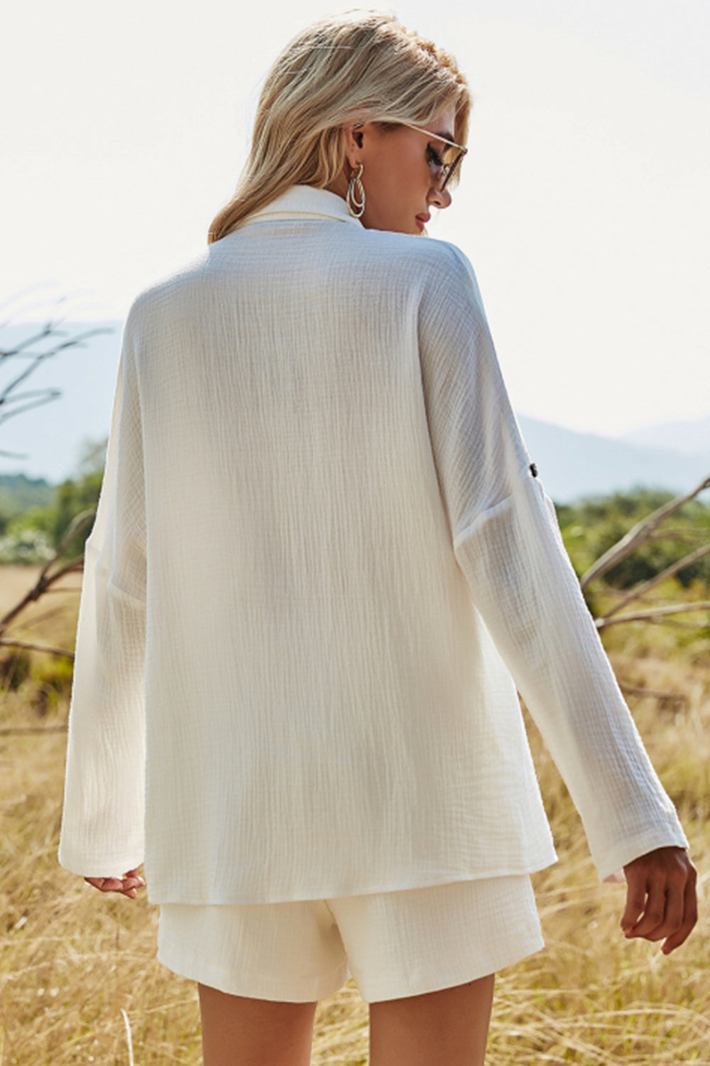 Levoire | Manches longues Short en coton-lin blanc Ensemble de loisirs