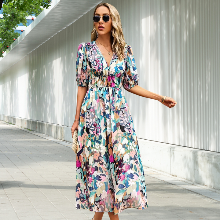 Levoire | Robe Intemporelle À Manches Bouffantes Midi Multicolore
