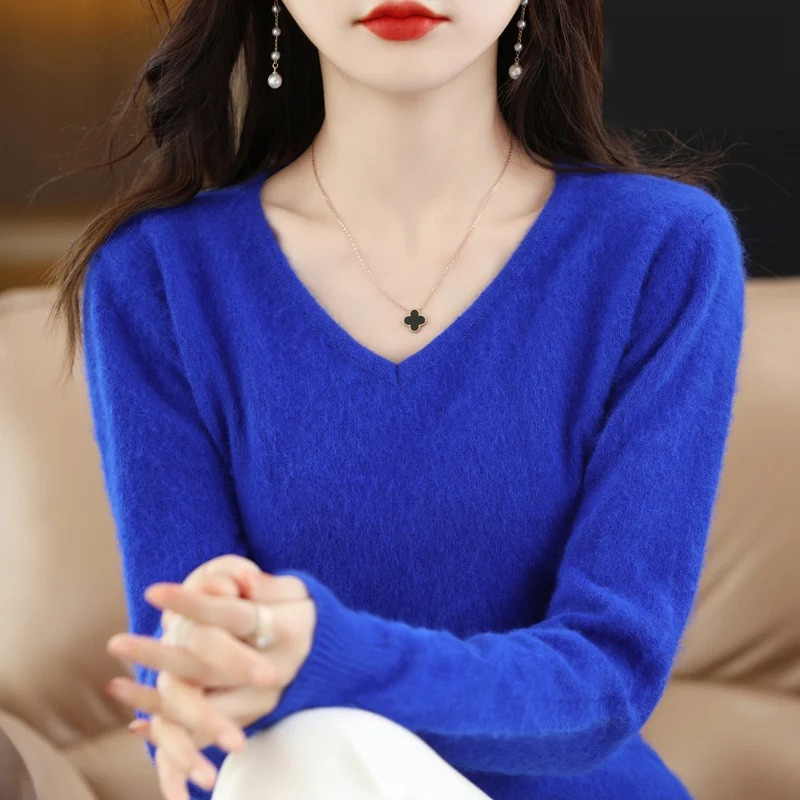 Levoire | Pull en cachemire pour femmes À col en V Léger et doux Bleu-a