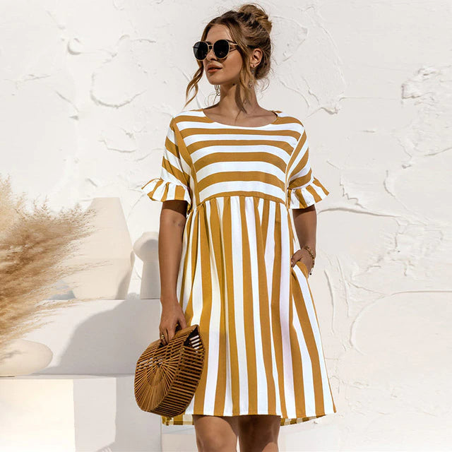 Levoire | Robe Courte Rayée Maternité Volants Jaune