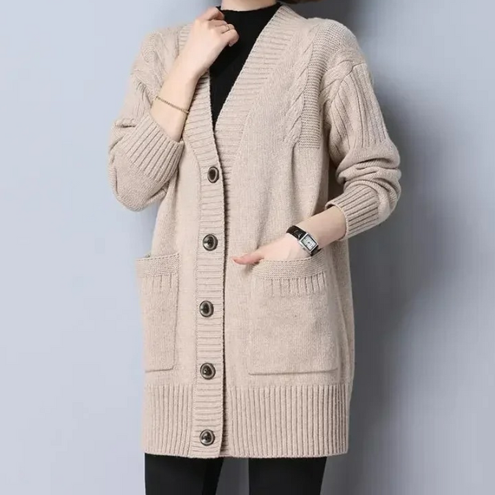 Levoire | Gilet Long Femme Tricoté À Ouverture Devant, Avec Col Et Poches Beige