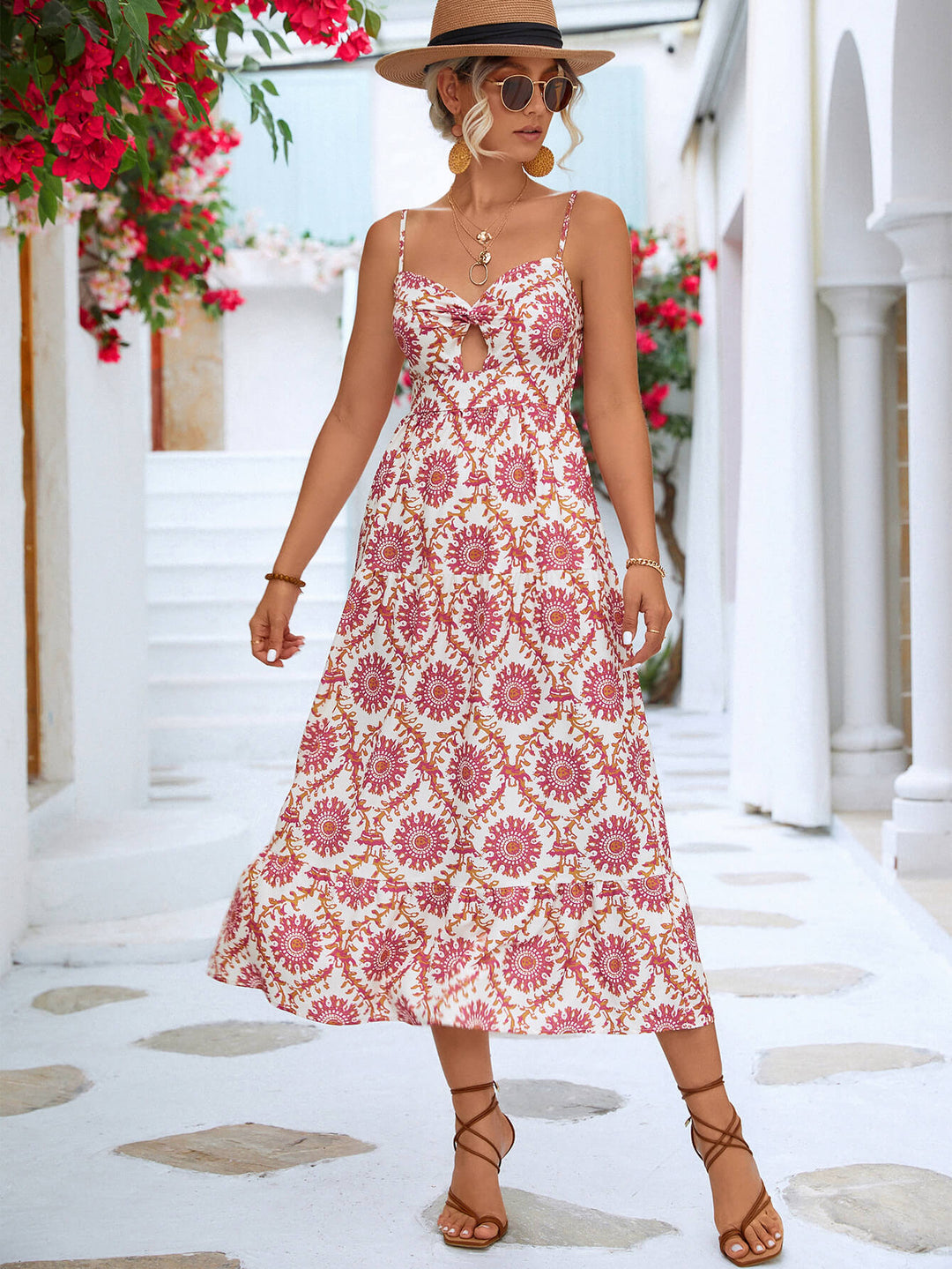 Levoire | Robe midi avec bretelles spaghetti découpées et imprimé
