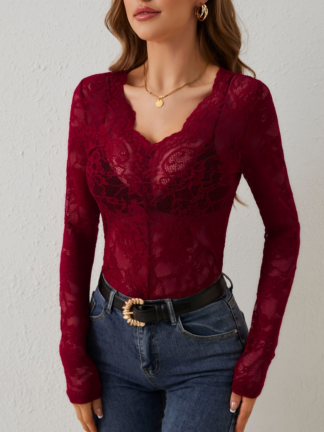 Levoire | Élégante blouse pour femmes Top blouse en dentelle chic pour femmes Rouge foncé