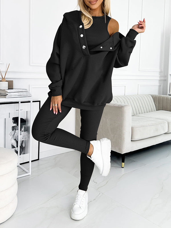 Levoire | Sweat-Shirt Confortable Avec Capuche Noir Pull + Gilet + Pantalon