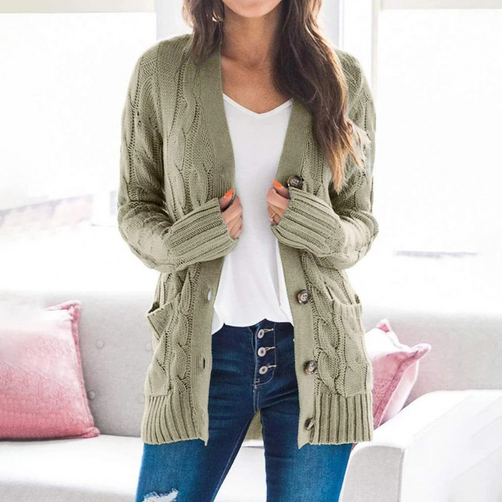 Levoire | Cardigan pour femmes avec motif en cable, boutons et poches Vert
