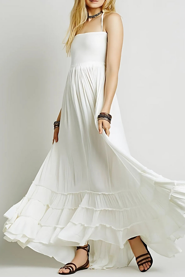 Levoire | Robe Maxi Halter d'été pour femmes avec dos ouvert Blanc