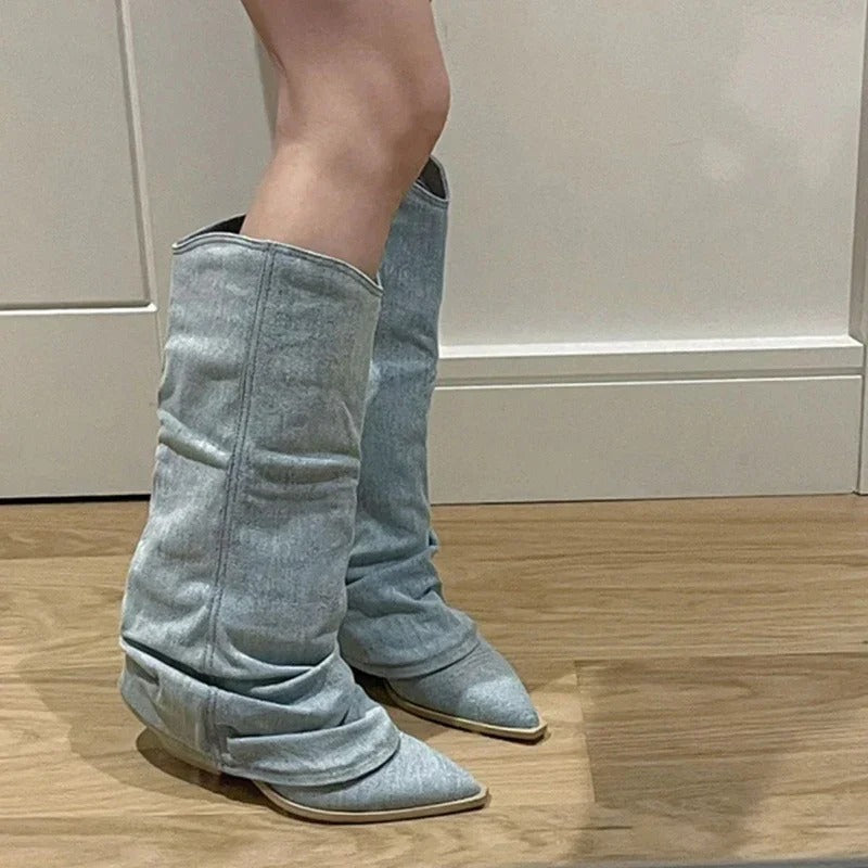 Levoire | Bottes Cowboy En Denim À Talon Haut