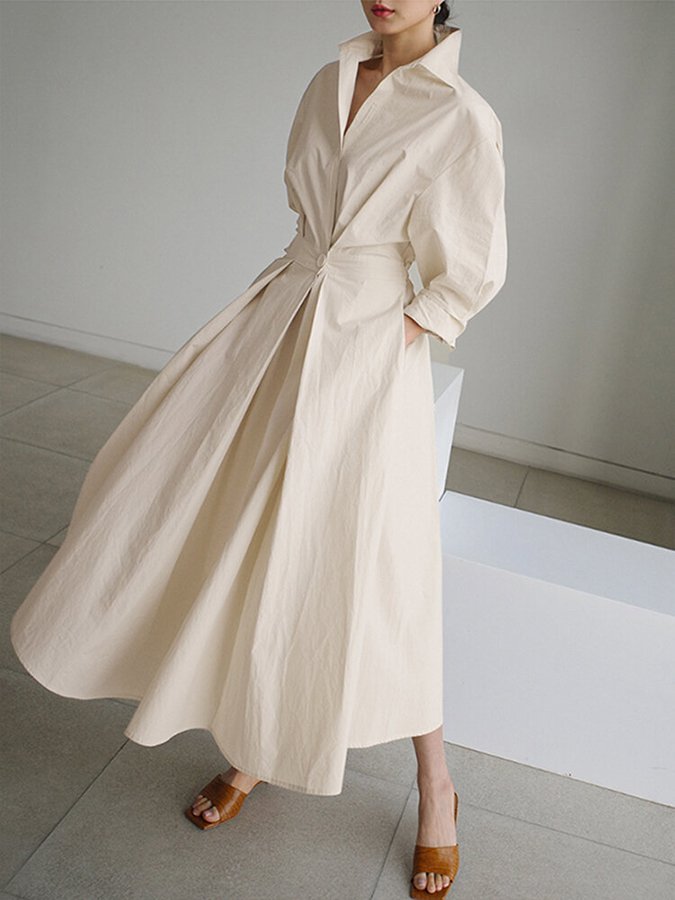 Levoire | Robe Maxi Femme Poche Unie Revers Boutons Manches Longues