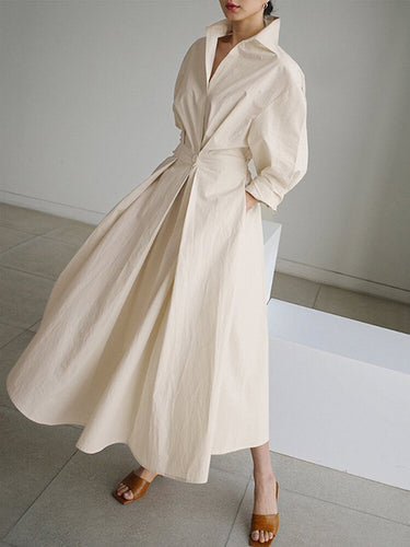 Levoire | Robe Maxi Femme Poche Unie Revers Boutons Manches Longues