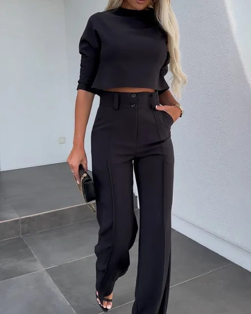 Levoire | Ensemble Femme Deux Pièces Avec Pantalon Évasé Et Top Ensemble Élégant Pour Femmes Noir