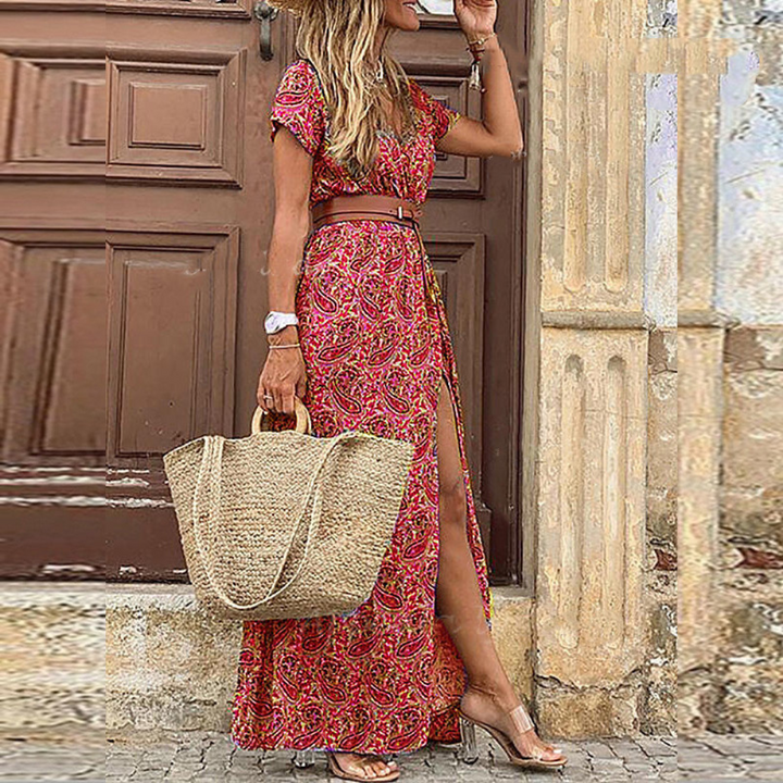 Levoire | Robe Maxi Boho d'été avec décolleté en V à manches courtes Rot