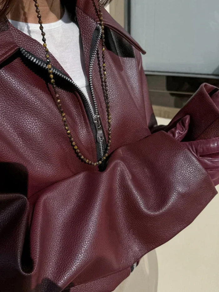 Levoire | Femme Veste en cuir rouge Veste en cuir vintage avec fermeture éclair pour femmes