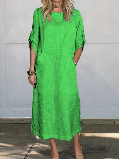 Levoire | Robe En Lin Unie Avec Poches Pour Femmes Vert