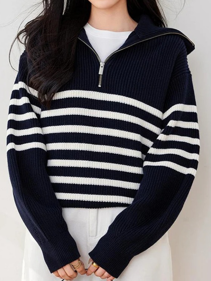 Levoire | Pull femme Pull zippé Pull rayé Ajustement confortable Pull zippé pour femmes Noir-Blanc
