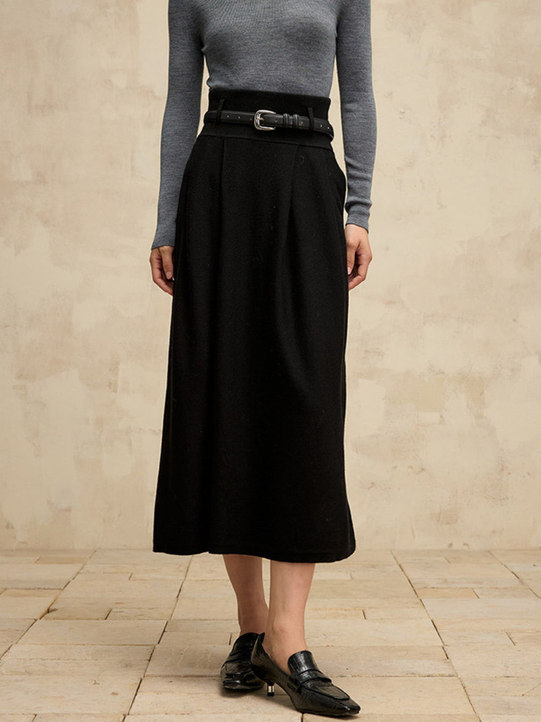 Jupe Taille Haute en Mélange de Laine avec Ceinture Noir
