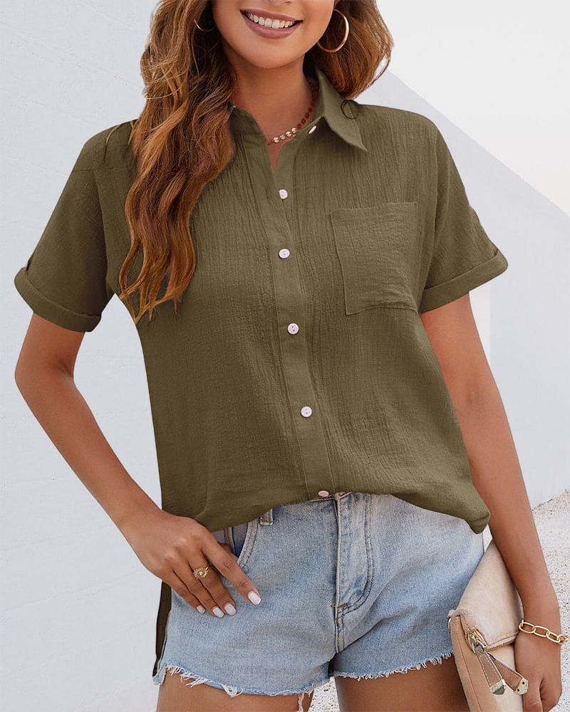 Levoire | Chemisier élégant pour femmes à manches courtes avec col et patte de boutonnage Vert olive