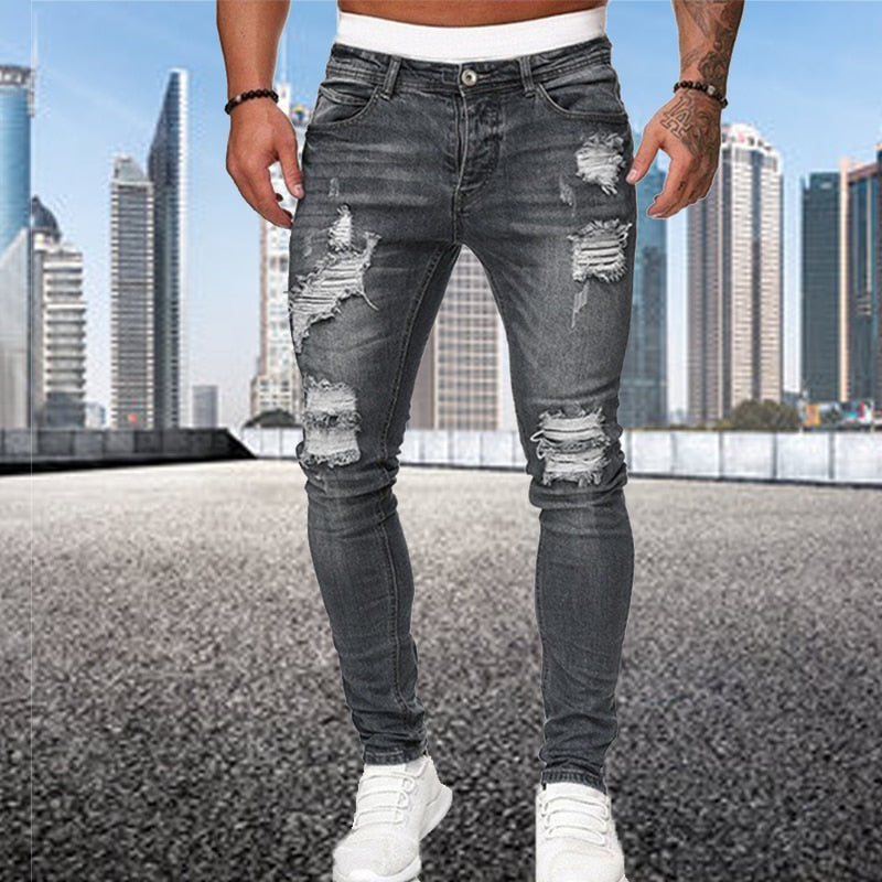 Levoire | Pantalon Hommes Tendance Slim Fit Jeans Déchirés Gris
