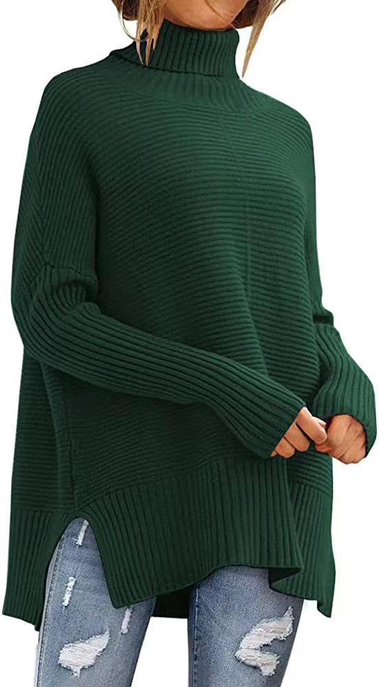 Levoire | Grande Taille Pull À Col Roulé Pour Femmes Tunique D'Automne Confortable Avec Des Manches Larges Vert foncé
