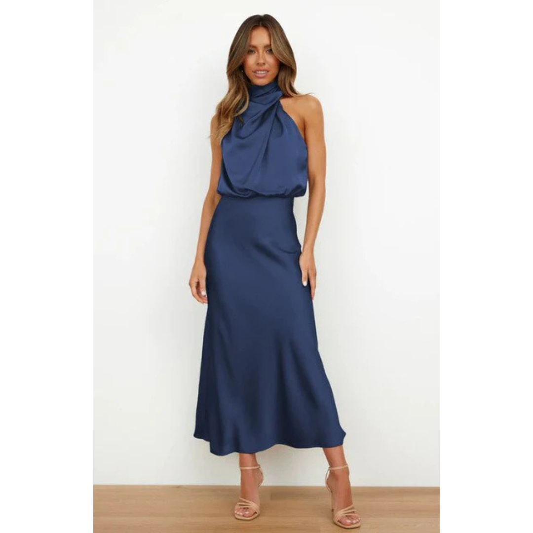 Levoire | Robe D'Invité De Mariage Sans Manches À Col Licou Pour - Femmes - Maxi Bleu Foncé
