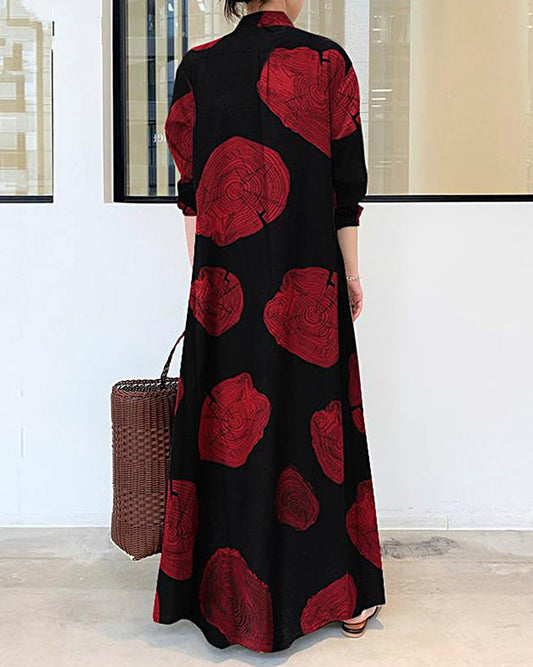 Levoire | Robe longue en lin à manches longues et blocs de couleurs Imprimé Contraste Lâche Grande taille Maxi Robes