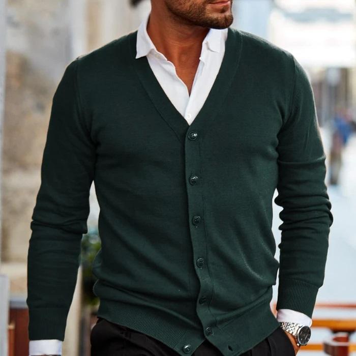 Levoire | V-Couverture Pull À Manches Longues En Tricot Avec Bouton Vert foncé