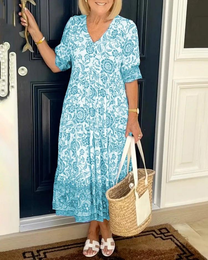 Levoire | Robe Maxi Boho Femme Avec Imprimé Floral Robe d'Été Femme Bleu ciel