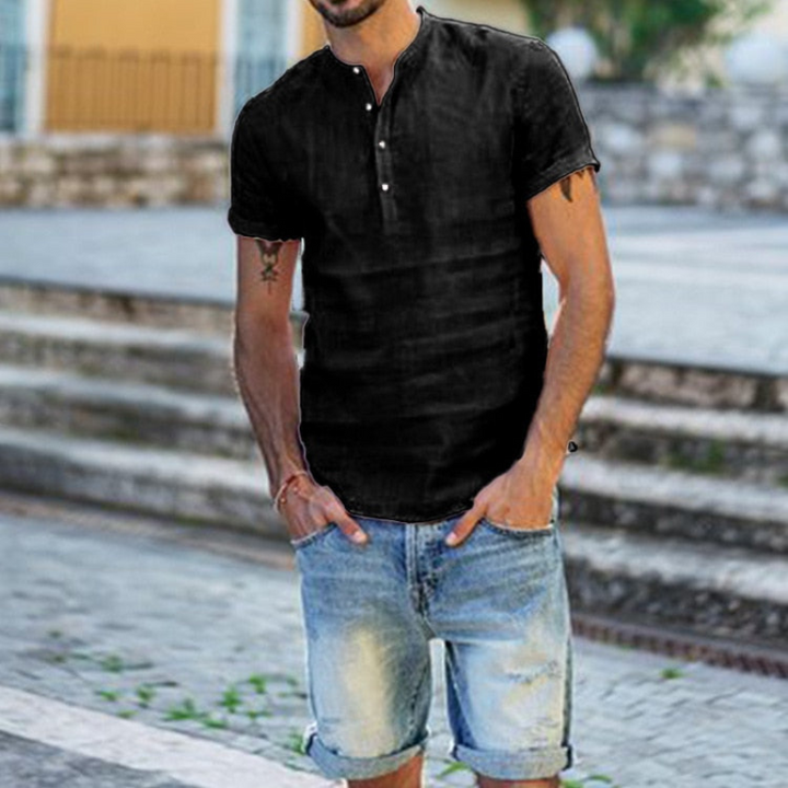 Levoire | Chemise en lin pour hommes stylée décontractée chic blouse d'été T-shirt T-shirt Noir