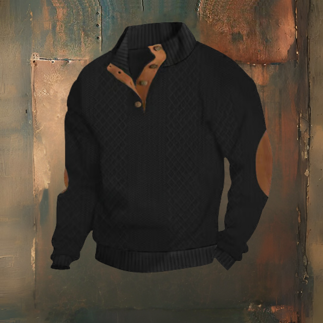 Levoire | Décontracté Jacquard Loose Demi Bouton Col Montant Pull Noir