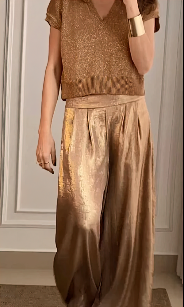 Levoire | Ensemble Top Brillant Stylé Et Pantalon En Soie Braun