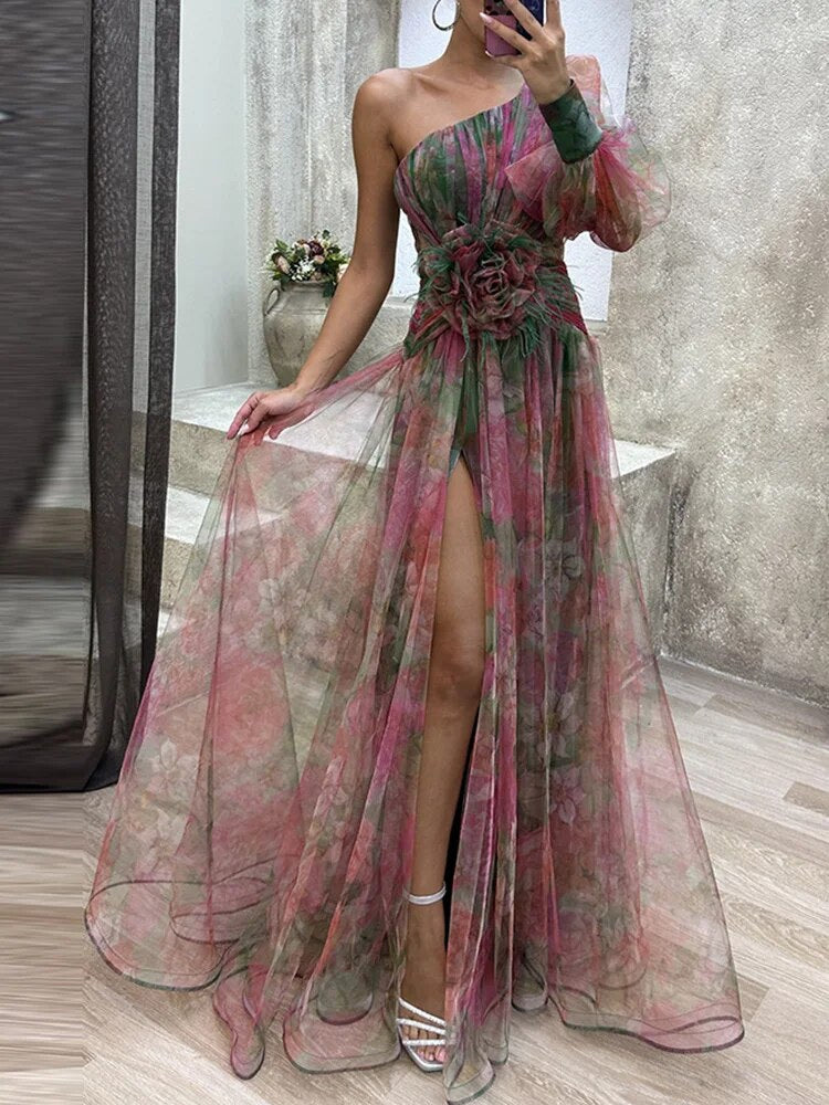 Levoire | Robe maxi asymétrique avec motif floral Robe d'été pour femmes Rouge Lilas